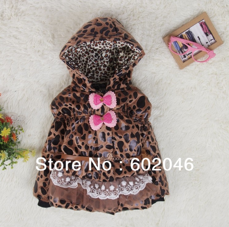 Free shipping 2012 winter new leopard grain printing bowknot + belt fashion girls cotton-padded clothes