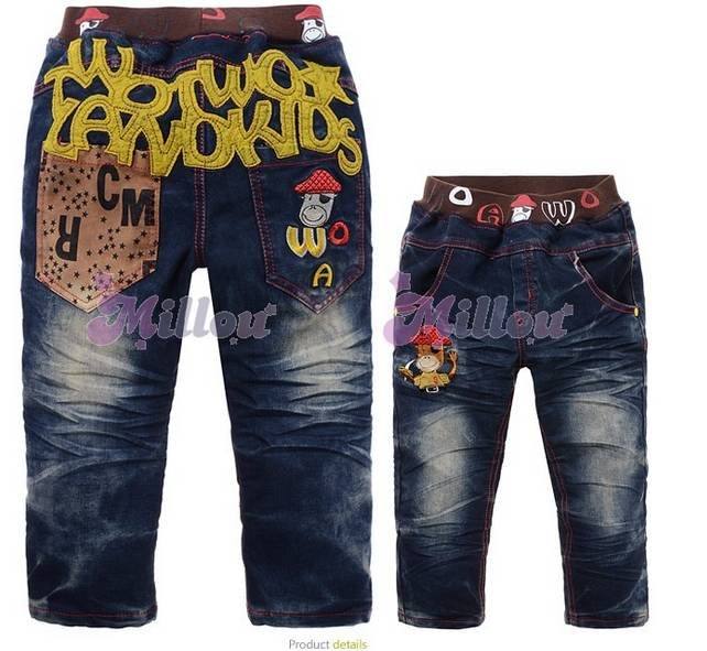 Free shipping 2012 winter new thickening children pants, fashion cartoon young monkey pure cotton, boy girls jeans trousers