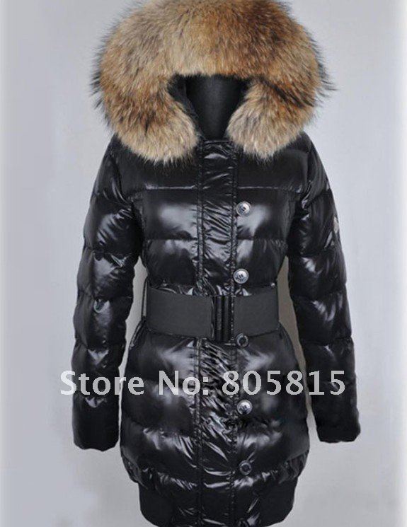 Free Shipping 2012 Winter New Warm Duck Feather Down Coats,Natural Big Fur Collar Belt Long Style ladies down Jackets S-XL