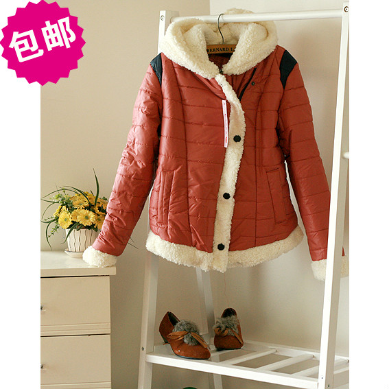 Free shipping 2012 winter square grid crimping berber fleece wool cuff with a hood thickening wadded jacket women's