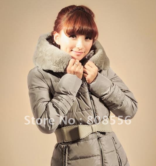 Free shipping 2012 winter woman down rabbit fur collar long coat down jacket women excellent quality clothing