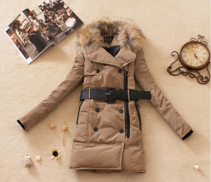 Free shipping 2012 winter women's large fur collar slim fashion medium-long thick down coat khaki orange black 3 color FC001