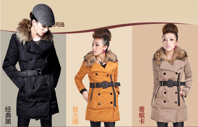 Free shipping 2012 winter women's large fur collar slim fashion medium-long thickening down coat khaki orange black 3 color