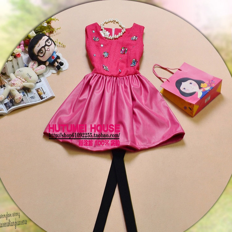 Free shipping 2012 winter women's new arrival sweet woolen leather patchwork sleeveless tank dress one-piece dress skirt