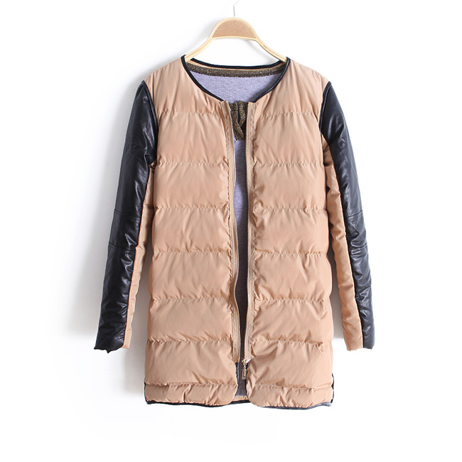 FREE SHIPPING 2012 winter women's PU woolen patchwork o-neck medium-long wadded jacket outerwear ww2946