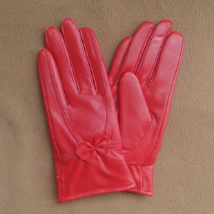 free shipping 2012 winter women's Women thermal fashion gloves red bow leather gloves genuine leather gloves