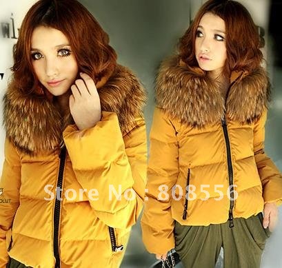 Free shipping 2012 woman's large thermal short Raccoon Fur Collar Coat Jacket down jackets