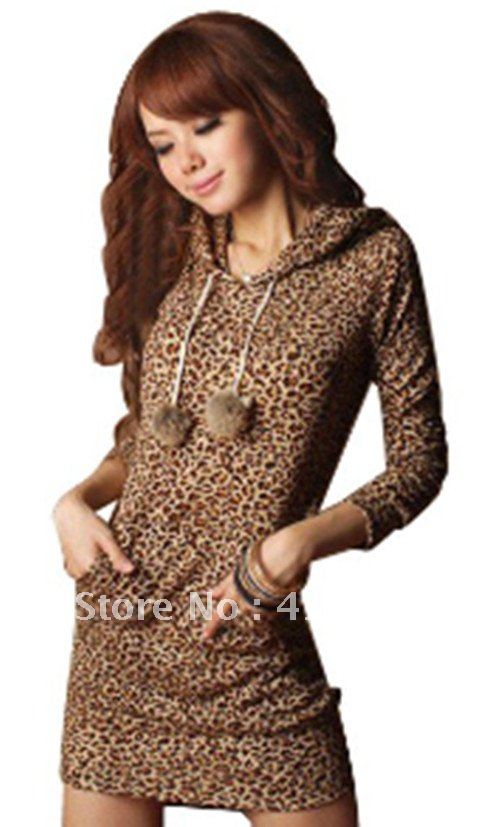 free shipping 2012 women autumn new fashion clothing sexy leopard long sleeve hoodies coats outerwear lady sexy mini dress