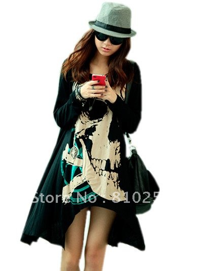 free shipping 2012 women autumn new fashion plus size loose skull print long design t shirts tops ladies sexy mini dress 289