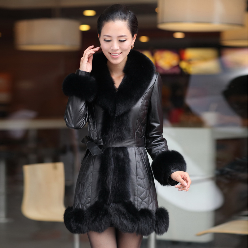 Free shipping 2012 women coat Genuine leather clothes  belt large fox fur plus cotton medium-long outerwear k925