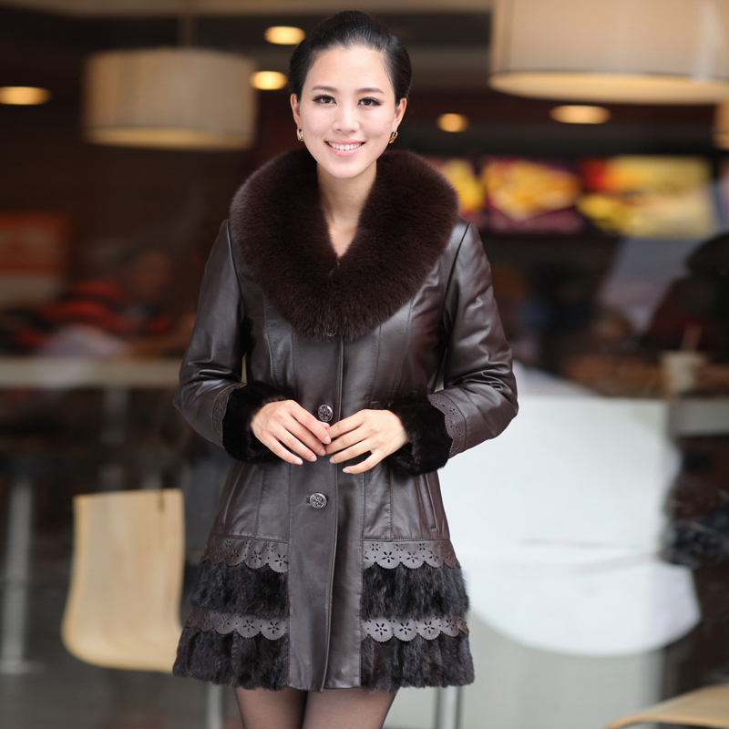 Free shipping 2012 women coat Genuine leather clothes  fox fur mink fight mink plus cotton medium-long outerwear k926