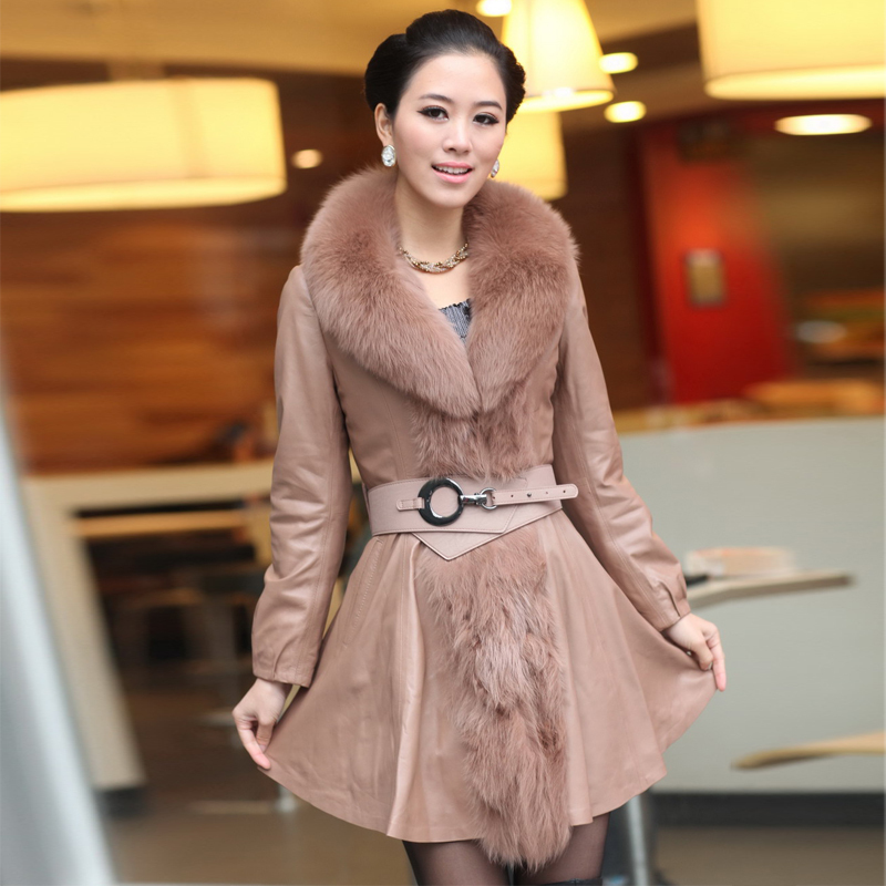 Free shipping 2012 women coat  large oversized fox fur genuine leather clothes  medium-long plus cotton leather clothes b686