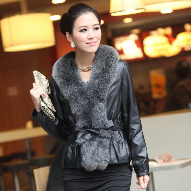 Free shipping 2012 women coat  large slim large fox fur sheepskin plus cotton genuine leather clothes  b609a