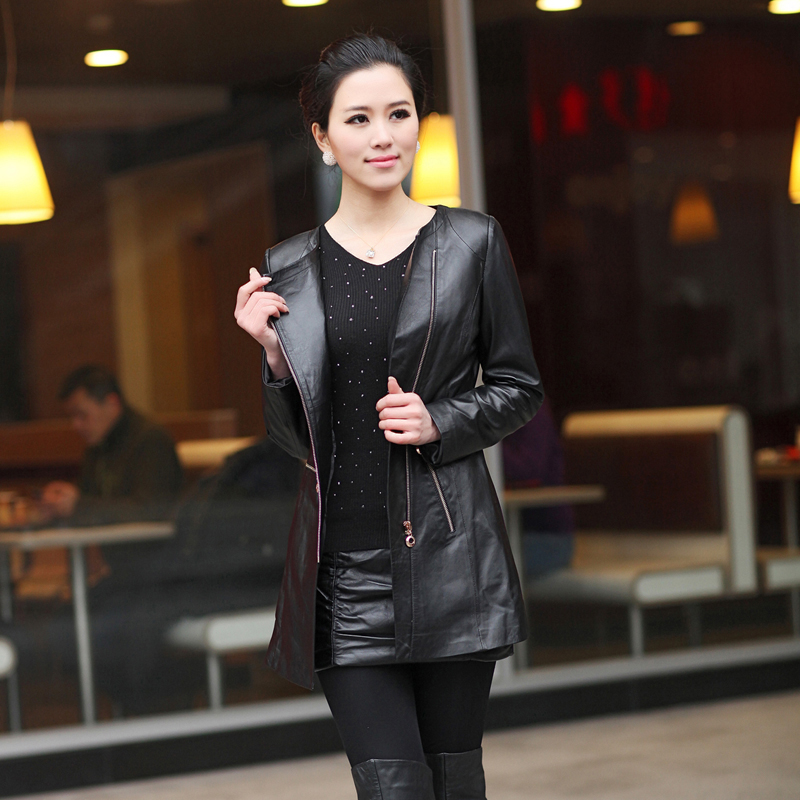 Free shipping 2012 women coat  large slim sheepskin genuine leather clothes medium-long  f801