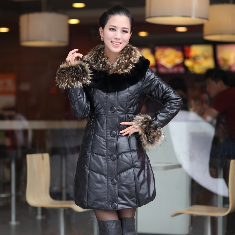 Free shipping 2012 women down jacket  big fur collar sheepskin genuine leather clothes  women's down coat  slim k913