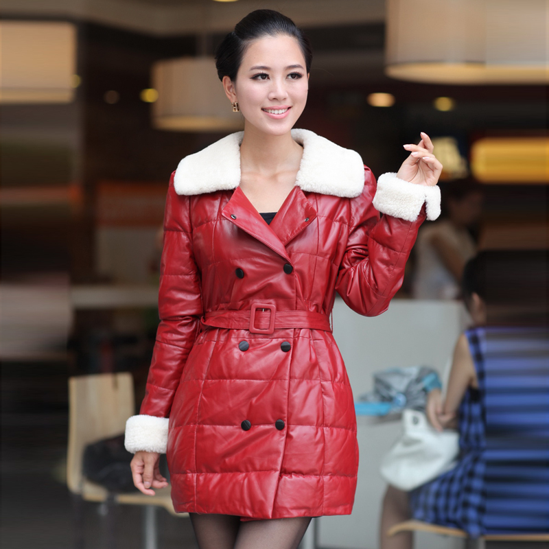 Free shipping 2012 women down jacket  big genuine leather clothes  women's down coat sheep fur collar slim  k901