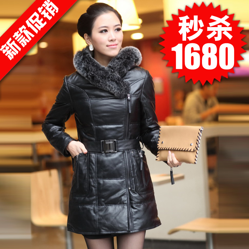 Free shipping 2012 women down jacket  large fox fur genuine leather clothes  hooded women's down coat leather clothes b705