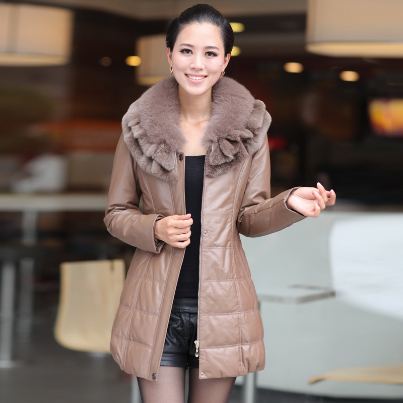 Free shipping 2012 women down jacket  large fox fur genuine leather clothes  sheepskin women's down coat  slim