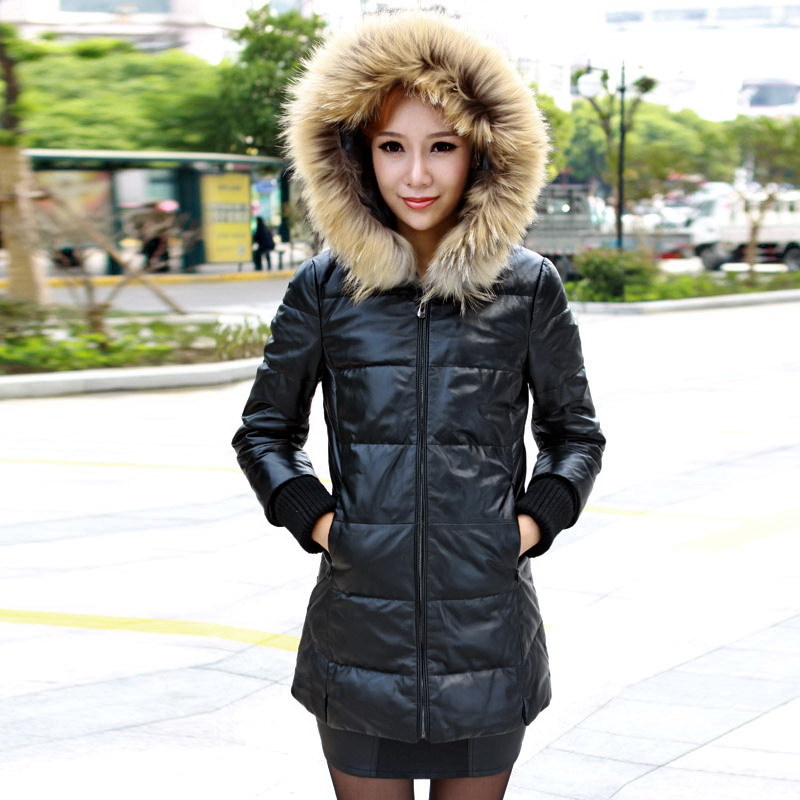 Free shipping 2012 women down jacket Raccoon fur hooded sheepskin genuine leather clothes  women's down coat b696