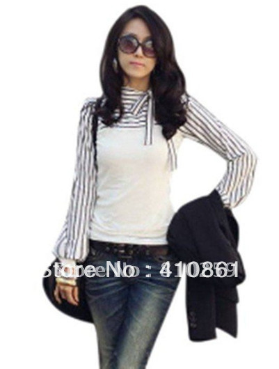 free Shipping 2012 women new clothing fashion bow neck stripe long lantern sleeve t shirts lady white black cotton blouses 2248