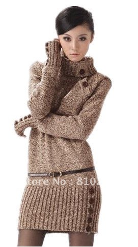 free shipping 2012 women new fashion clothes black coffee long sleeve long design knitted pullover sweater lady winter dress 367
