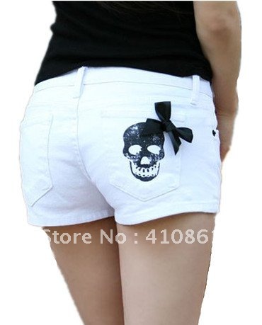 free shipping 2012 women new fashion clothing black white skull print bow denim cotton short jeans ladies shorts plus size 8100