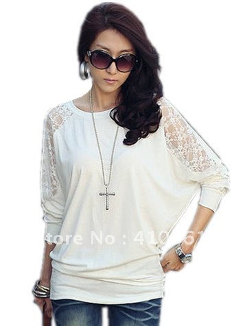 free shipping 2012 women new fashion clothing white black long sleeve lace knitted cotton loose t shirt lady shirts blouses 250