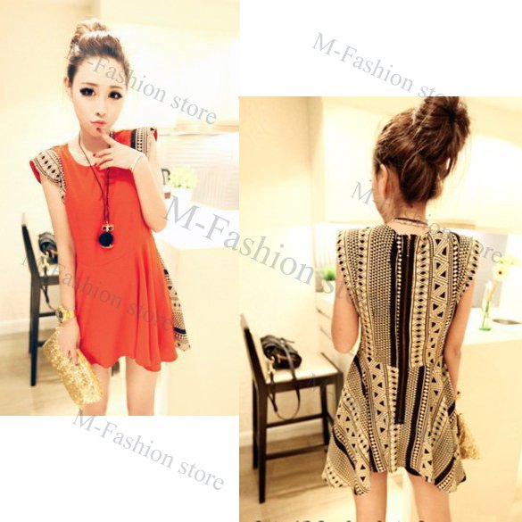 Free shipping 2012 Women Retro Individuality Geometric Patterns Shoulder Pads Short Sleeve Chiffon Summer Dress