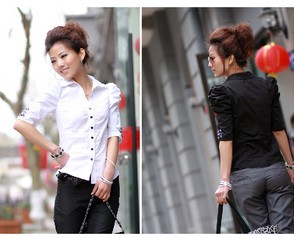 FREE SHIPPING 2012 women's 100% cotton body shaping shirt puff half sleeve clothing ,plus size  XS-XXL,OL Blouse,good quality