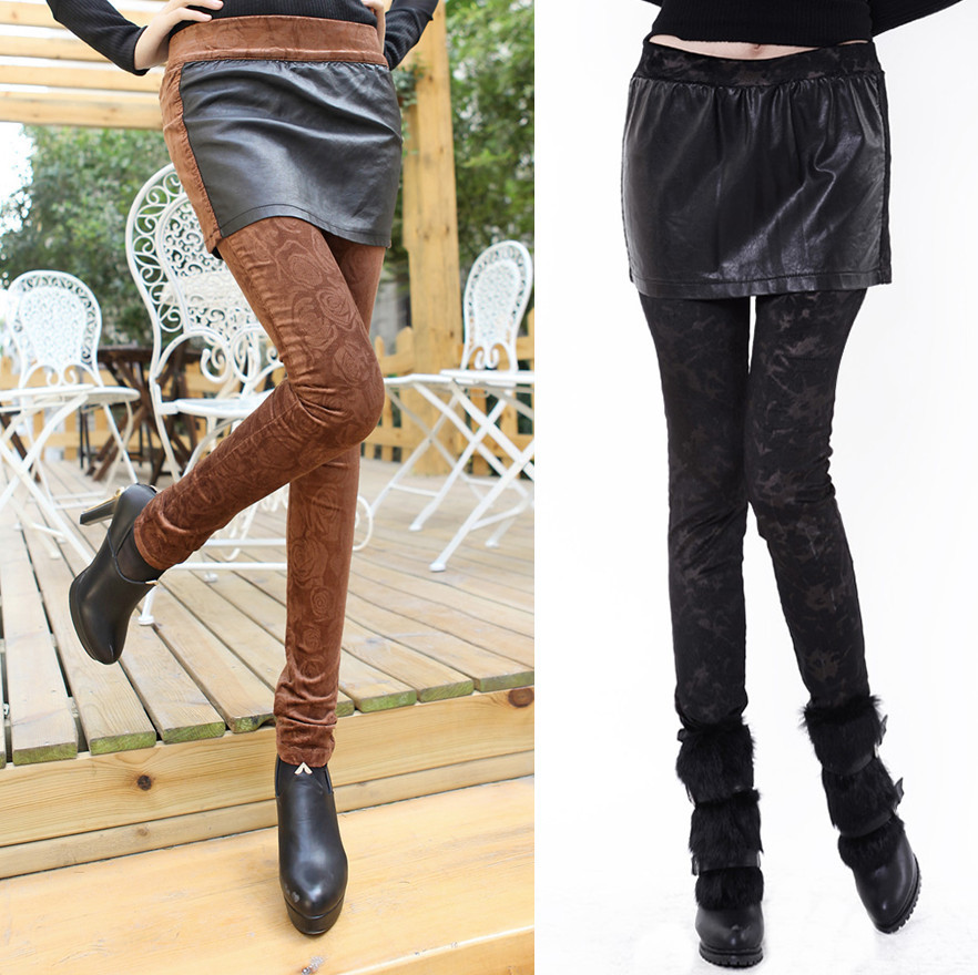 Free Shipping! 2012 women's all-match basic trousers faux two piece skorts one piece leather slim hip