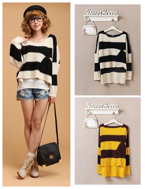 Free shipping 2012 women's autumn and winter stripe loose pocket irregular bats sweater 2 colors F size