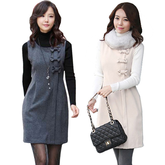 Free Shipping  2012 women's bow woolen one-piece dress plus size sleeveless tank dress vest skirt fashion casual