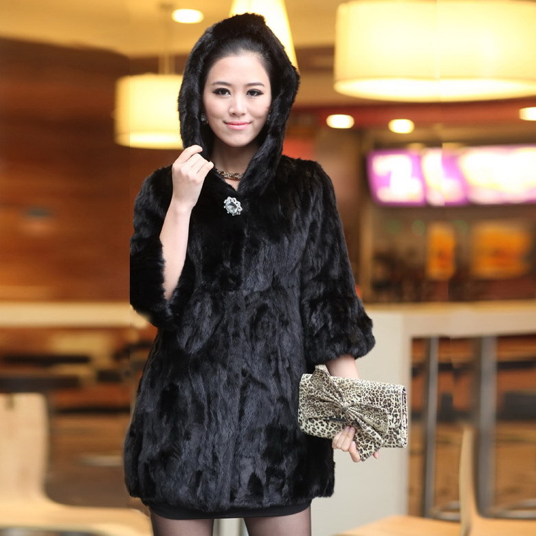 free shipping 2012 women's down coat Luxury 7 black hooded marten overcoat mink c875 women down jacket