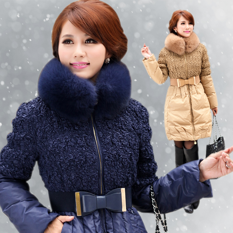 Free Shipping 2012 women's down coat with large fur collar medium-long style plus size available