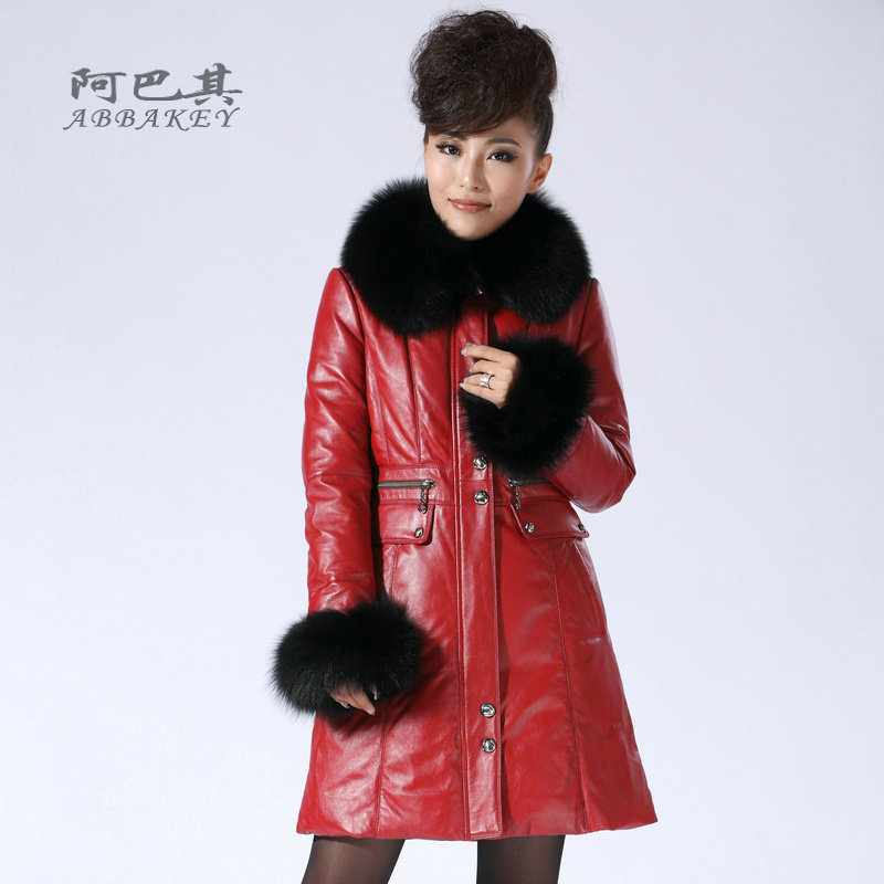 free shipping 2012 women's down jacket fashion  sheepskin genuine leather  leather   medium-long fox detachable  down coat