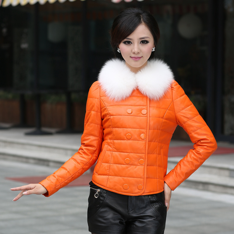 free shipping 2012 women's down jacket fashion  sheepskin genuine leather   short design slim fox fur leather   down coat