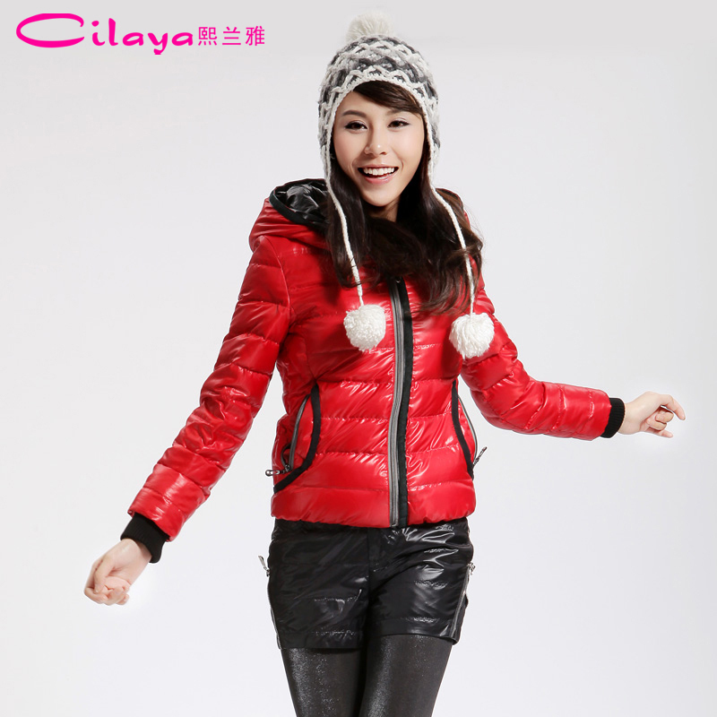 free shipping 2012 women's down jacket Thin color block zipper pocket slim with a hood short design fashion down coat  11263