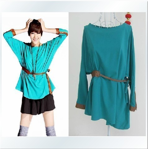 Free shipping 2012 women's fashion beautiful batwing sleeve leather long-sleeve cuff drawstring lacing one-piece dress u6312