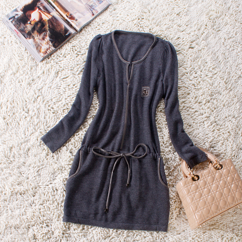 Free shipping 2012 women's fashion genuine leather bag wool velvet slim drawstring long-sleeve dress