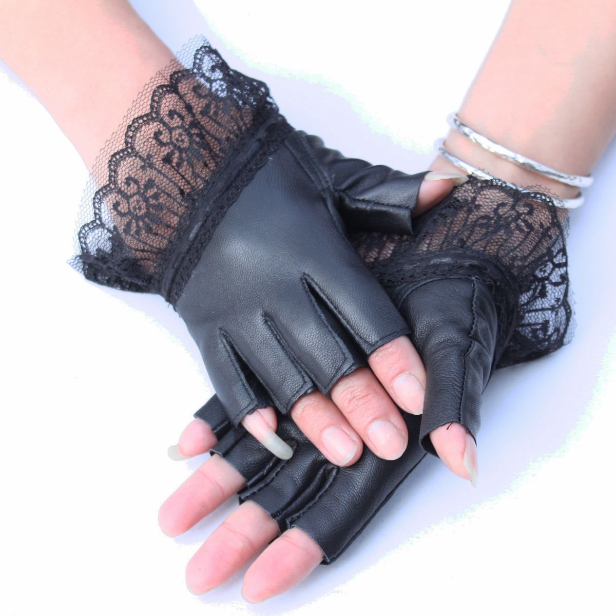 Free shipping 2012 women's fashion genuine leather gloves sheepskin semi-finger lucy refers to gloves lace gloves