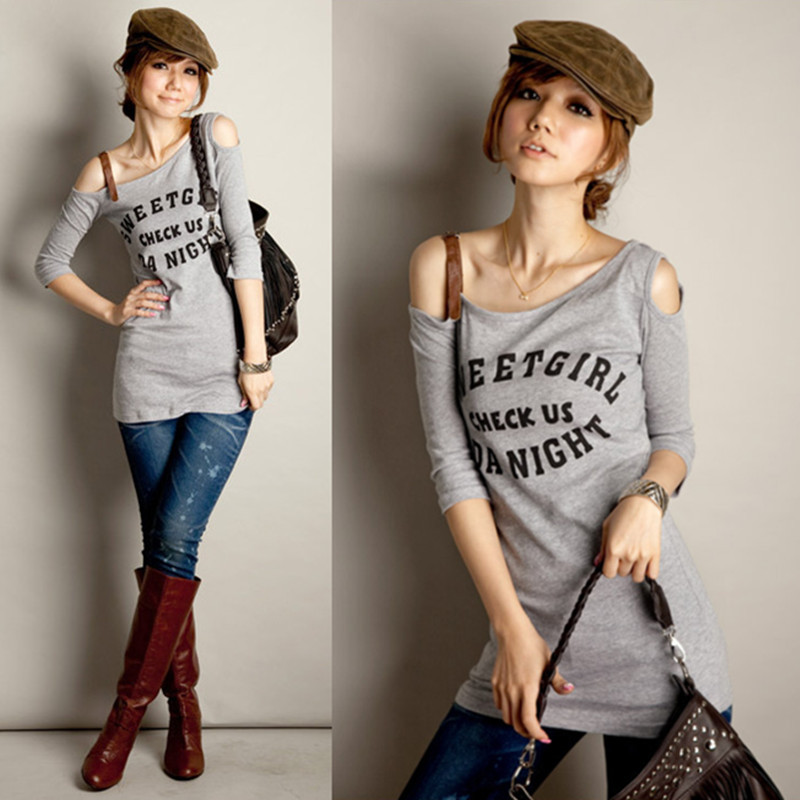 Free shipping 2012 women's fashion leather one shoulder half sleeve medium-long t-shirt top