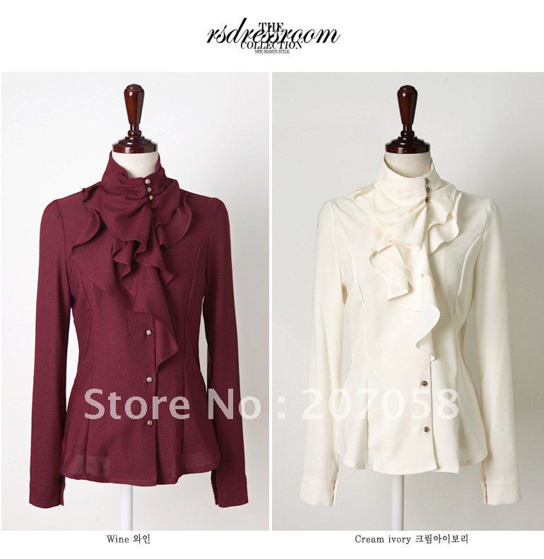 Free shipping  2012 women's  fashion newly  chiffon  OL shirt with ruffles on neckline