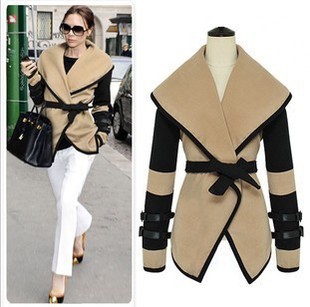 Free shipping  2012  women's fashion woolen color block decoration trench outerwear woolen overcoat--x1