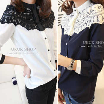 Free shipping, 2012 women's fashionable casual fashion white lace patchwork color block long-sleeve chiffon shirt