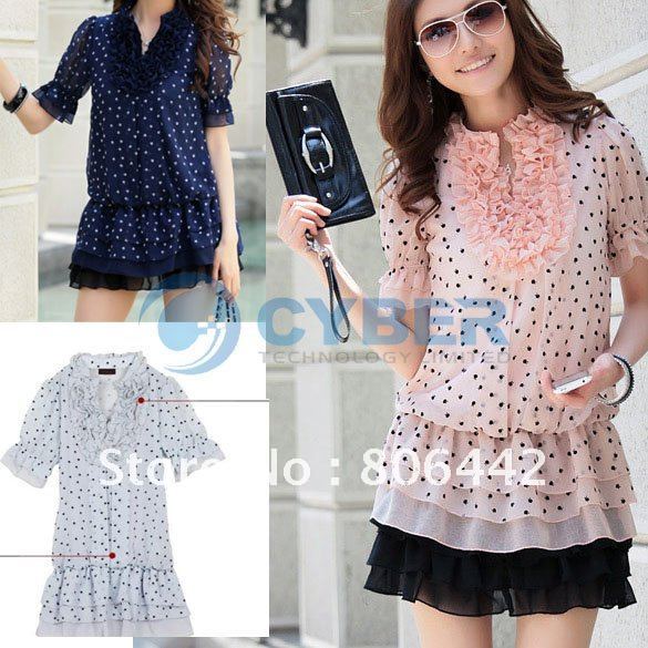 Free Shipping 2012 Women's Fungus Chiffon Dot Dress With Short Sleeves Dress