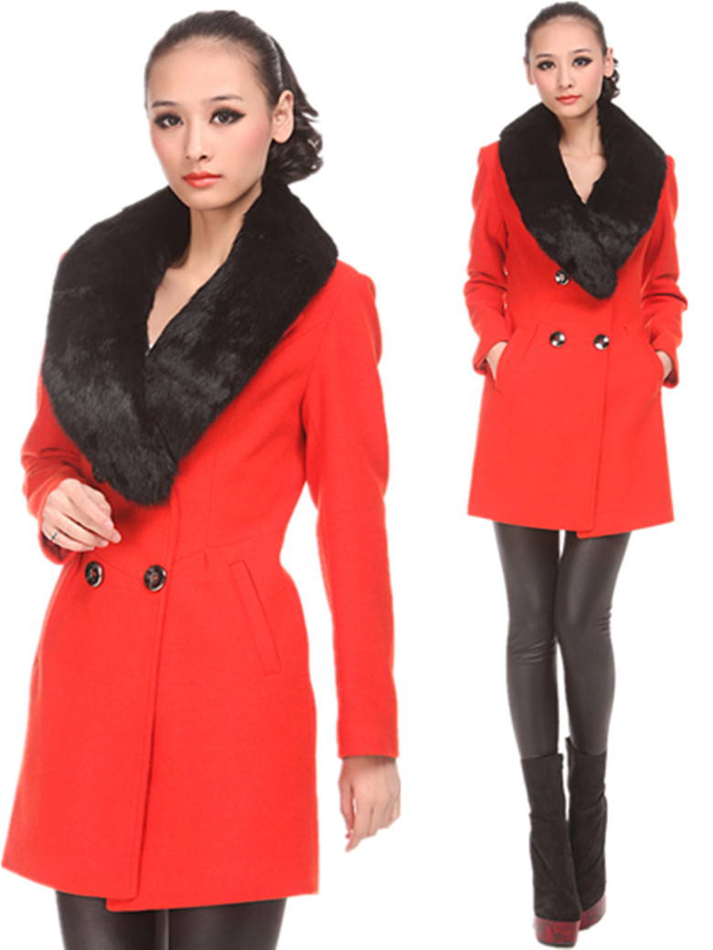 free shipping ! 2012 women's genuine leather rex rabbit hair large lapel double breasted slim wool coat outerwear