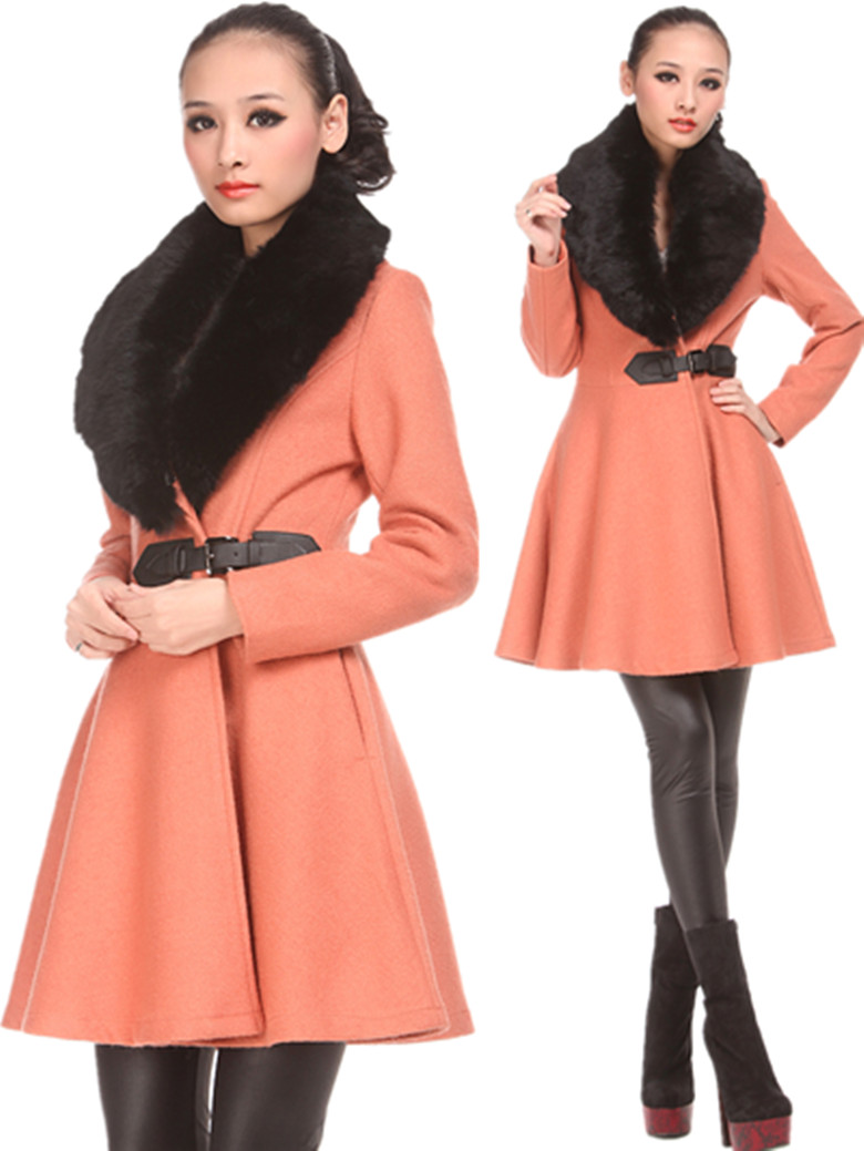 Free Shipping! 2012 Women's Genuine Leather Rex Rabbit Hair Large Lapel Fashion Slim Wool Coat Outerwear Dress Pink