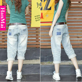 Free shipping 2012 women's jeans loose retro finishing jeans 7 capris  Appear thin cotton