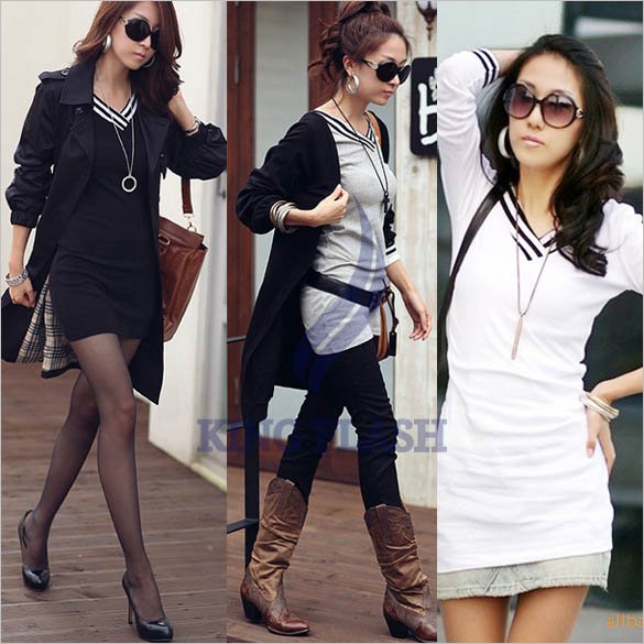Free Shipping 2012 Women's Lady Casual Long Sleeve V-Neck Cotton T-Shirt Mini Dress free shopping