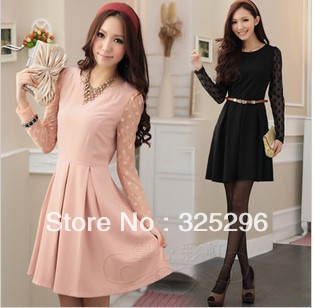 Free shipping 2012 women's large size  new wave dot stitching yarn long sleeve ladies dress ( with belt)   dq043